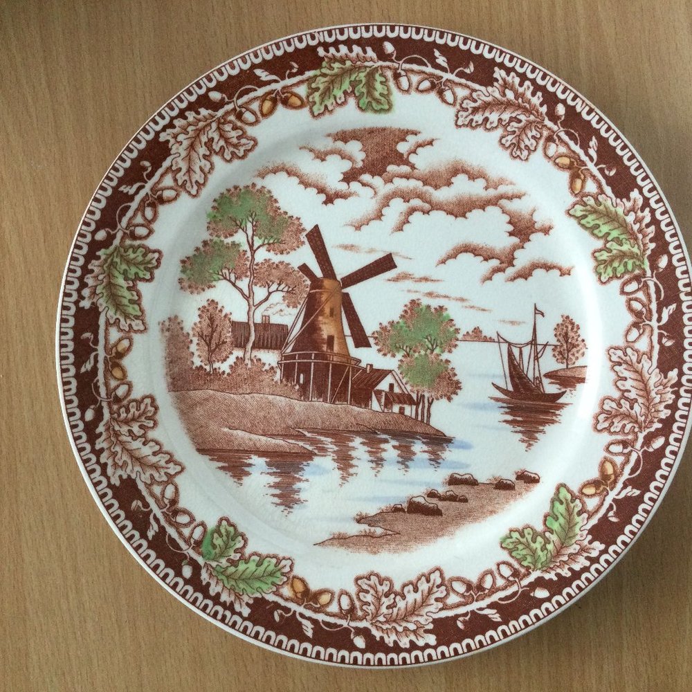 Japanese porcelain plate landscape windmill boat house 9.25" made in Japan